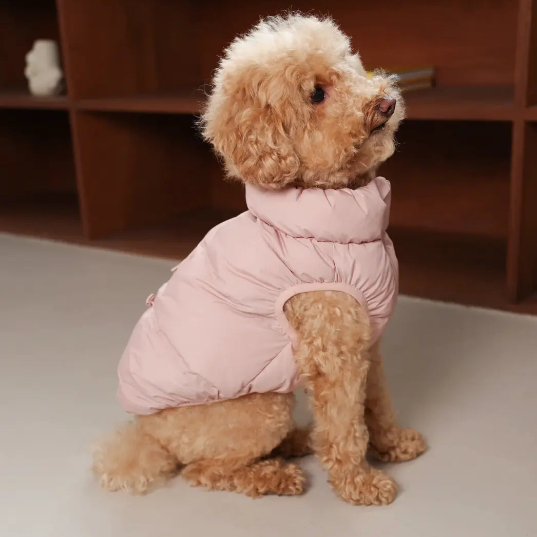 Cushycushy Cushy Puffer Vest Cherry Blossom – dog wearing cherry blossom pink quilted puffer vest, front view product shot