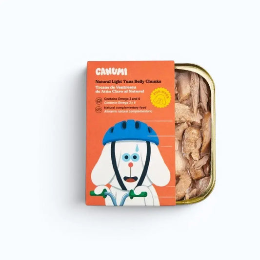 Canumi Light Tuna Belly Chunks Canned Dog Food – open can showing light tuna belly chunk texture in water
