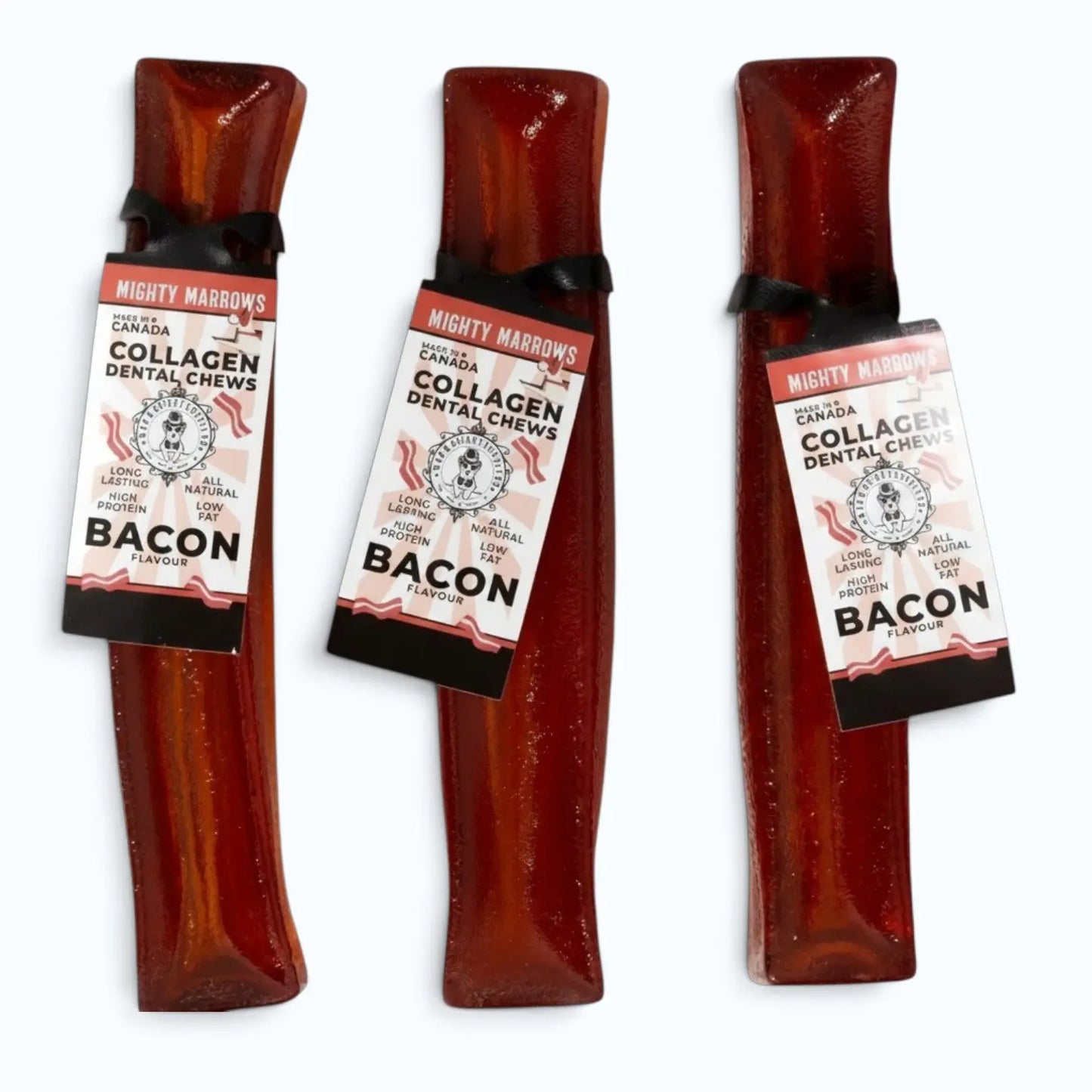Wag & Bright Mighty Marrows Collagen Dental Chew - Bacon – three bacon-flavoured collagen dental chews grouped together with labels, product shot