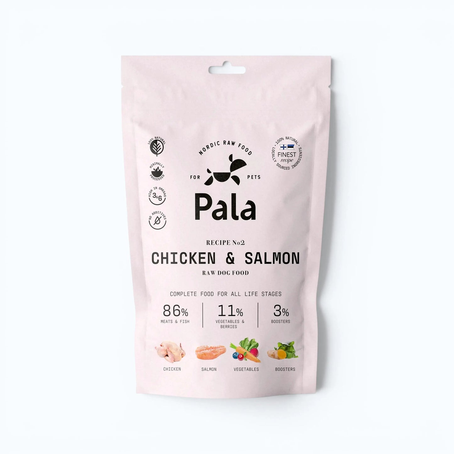 Pala Recipe #2 - Chicken & Salmon – Air-dried complete food with chicken (52%) and salmon (30%), enriched with vegetables, berries, seaweed, and turmeric