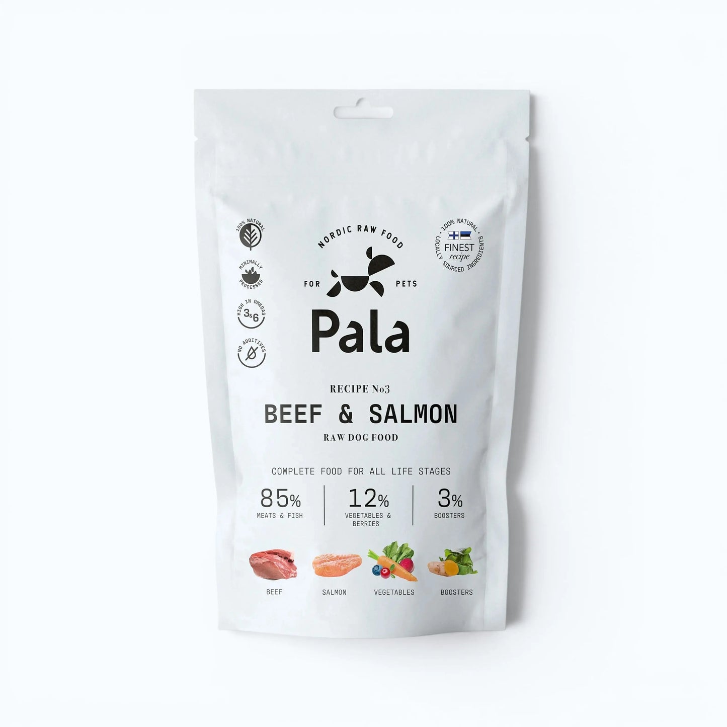 Pala Recipe #3 - Beef & Salmon – Air-dried complete dog food with beef (50%) and salmon (33%), plus fresh vegetables, berries, seaweed, and black garlic