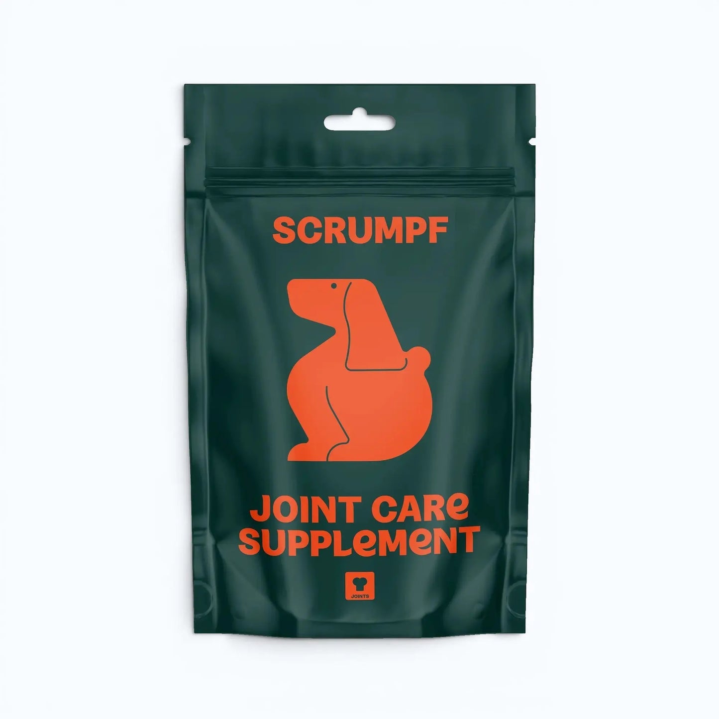 Green package of Scrumpf joint care supplement for dogs on a white background