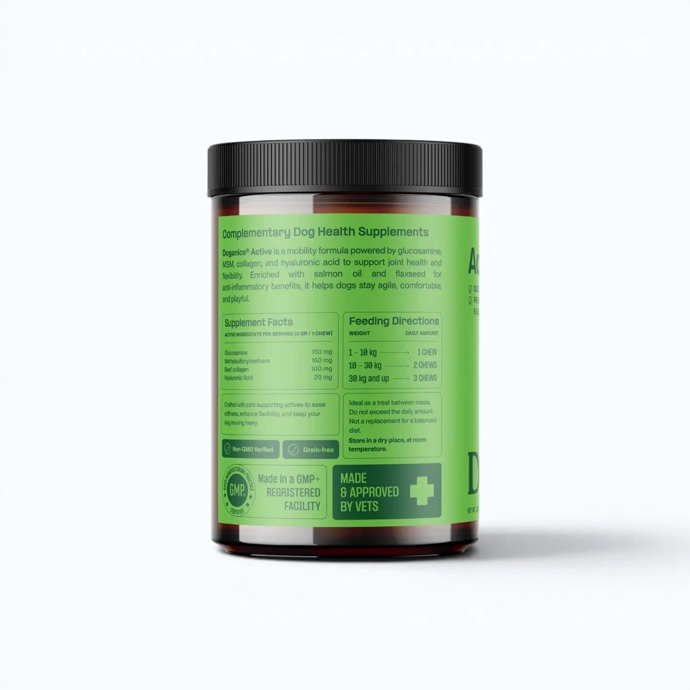 Doganics Active Hip & Joint Supplement – back label showing supplement facts, feeding directions, and GMP+ certification, product shot