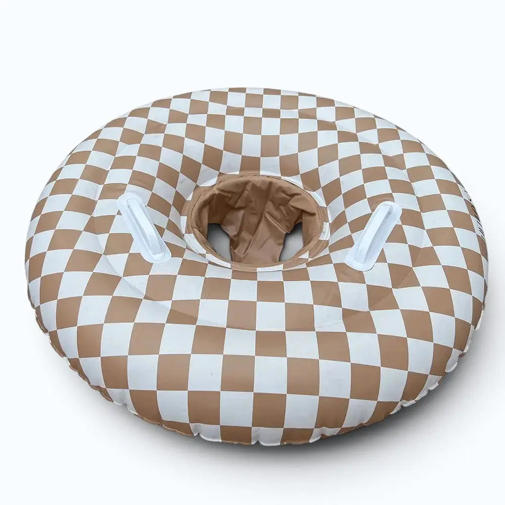 Hello Samah Checkers Floaty Ring – checkered inflatable ring in teal and cream, flat lay product shot
