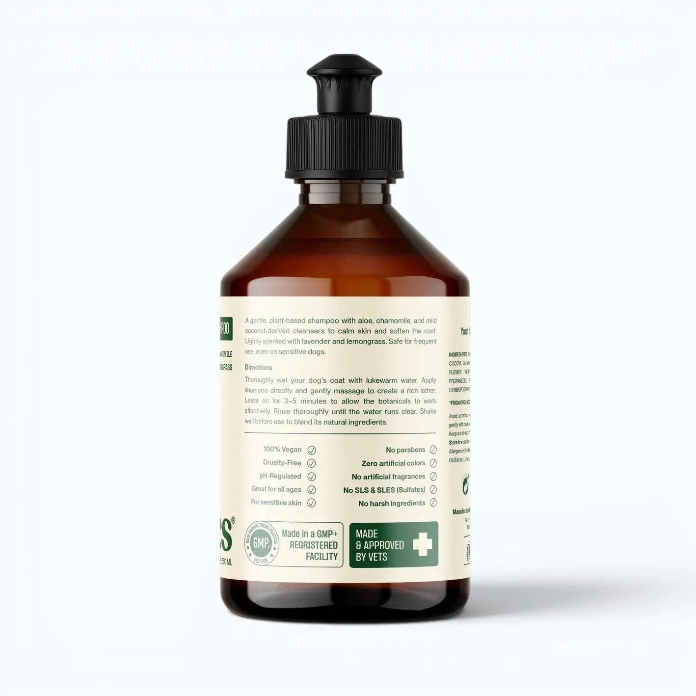 Doganics Clean Natural Dog Shampoo – ingredient and usage label on bottle back, product shot