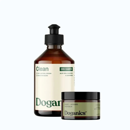 Doganics Cleanse & Comfort Duo – Clean Natural Dog Shampoo bottle and High Nutrition Dog Skin Balm jar together, product shot