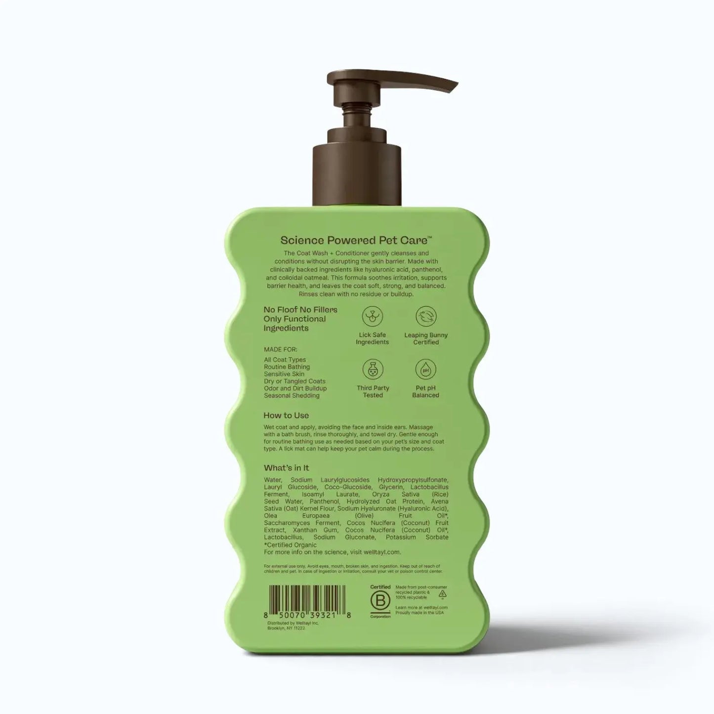 Welltayl Coat Wash + Conditioner – ingredient and usage label on bottle back, product shot
