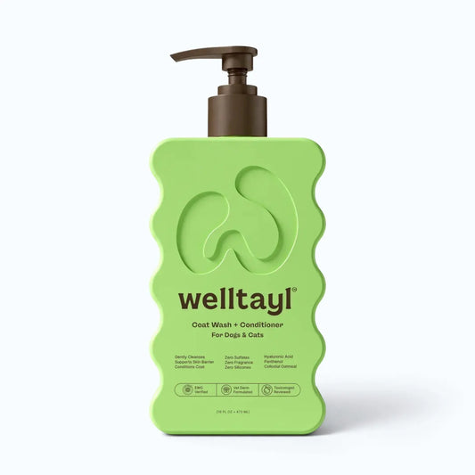 Welltayl Coat Wash + Conditioner – green pump bottle for dogs and cats on white background, product shot
