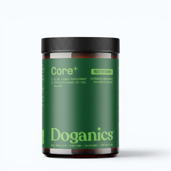 Doganics Core+ Daily Multivitamin Supplement – dark green-labeled jar of soft chews with vitamins, omegas, and probiotic blend, product shot