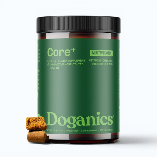 Doganics Core+ Daily Multivitamin Supplement – jar shown with two stacked soft chews in front, product shot