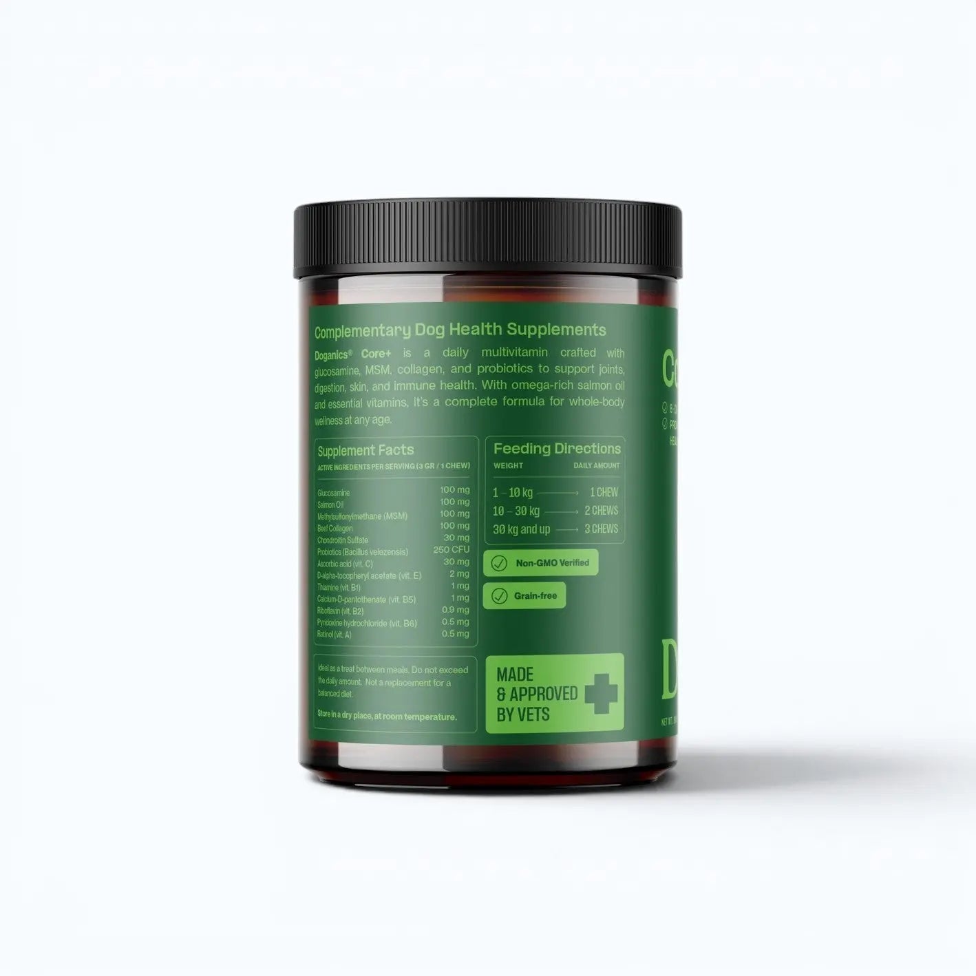 Doganics Core+ Daily Multivitamin Supplement – back label showing supplement facts, feeding directions, and GMP+ certification, product shot