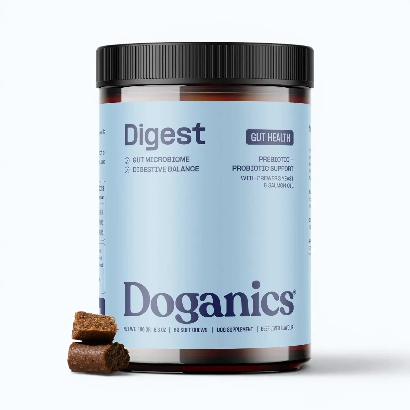 Doganics Digest Probiotic Gut Supplement – jar shown with two stacked soft chews in front, product shot