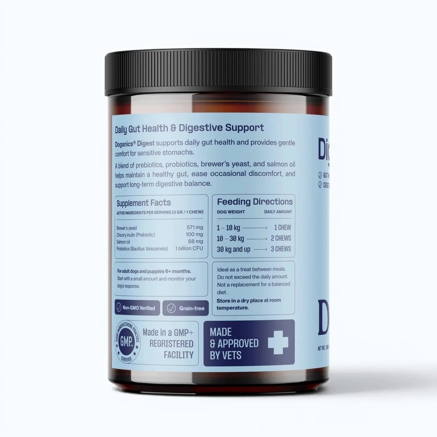 Doganics Digest Probiotic Gut Supplement – back label showing supplement facts, feeding directions, and GMP+ certification, product shot