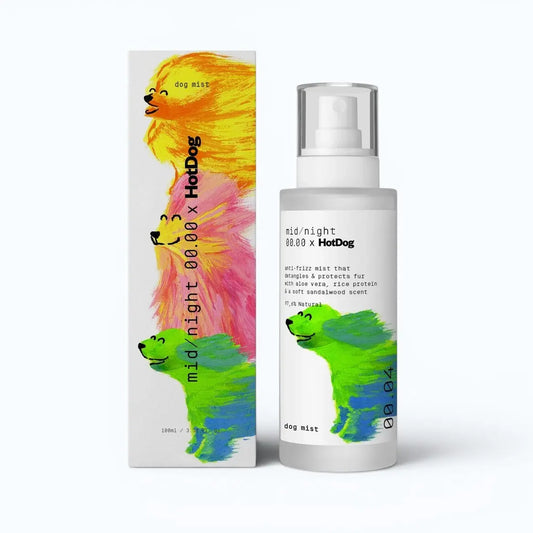 Mid/night 00.00 x Hotdog Dog Mist – lifestyle product shot of dog mist bottle on styled surface