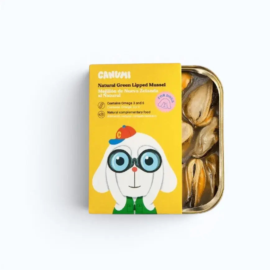 Can of Canumi green lipped mussels with yellow label featuring a cartoon dog character on a white background