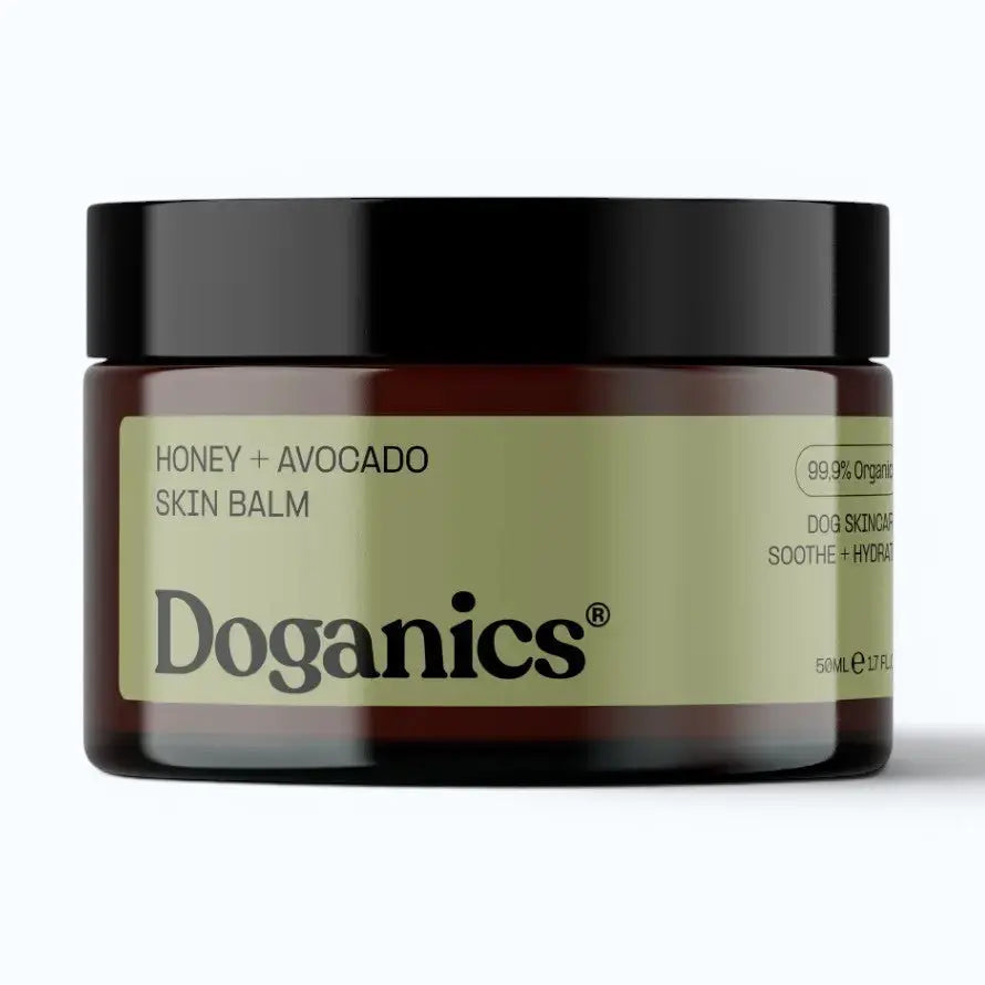 Doganics High Nutrition Dog Skin Balm – angled view of jar with label, product shot