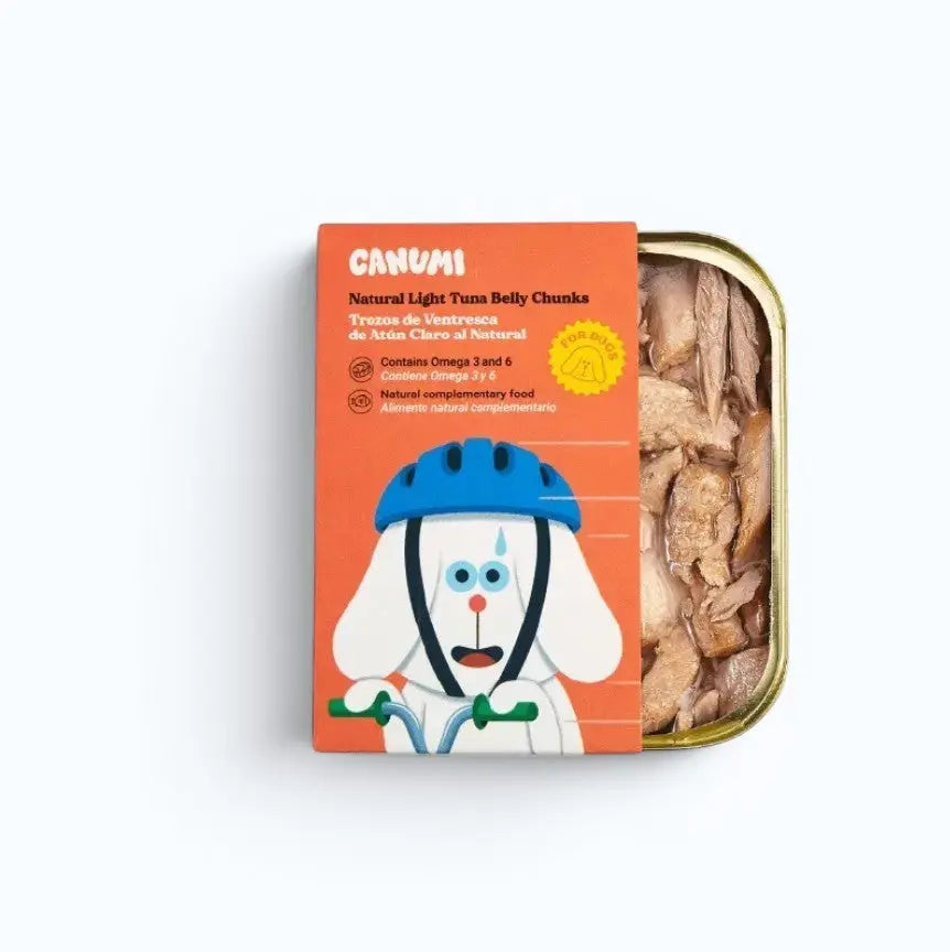Canumi Light Tuna Belly Chunks Canned Dog Food – open can showing light tuna belly chunk texture in water