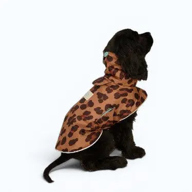 Black dog wearing leopard print dog rain coat, Little Beast Cougar Rain Coat.