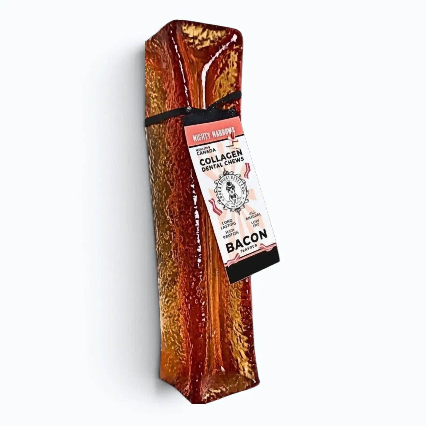 Wag & Bright Mighty Marrows Collagen Dental Chew - Bacon – single bacon-flavoured collagen dental chew with product label, product shot