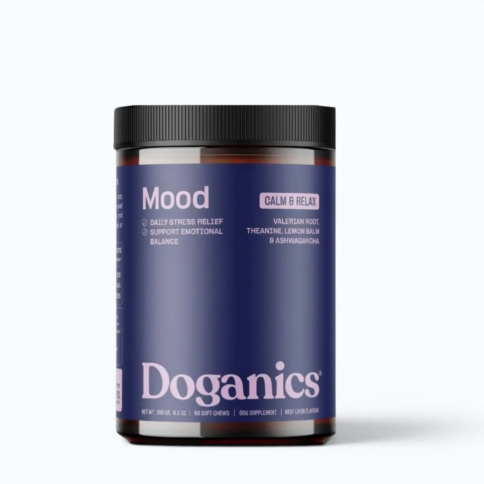 Doganics Mood Calm & Relax Supplement – purple-labeled jar of beef liver flavored soft chews with valerian root, theanine, lemon balm, and ashwagandha, product shot