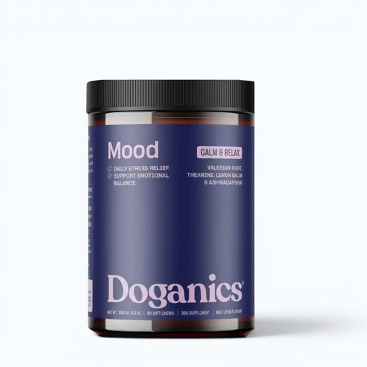 Doganics Mood Calm & Relax Supplement – purple-labeled jar of beef liver flavored soft chews with valerian root, theanine, lemon balm, and ashwagandha, product shot