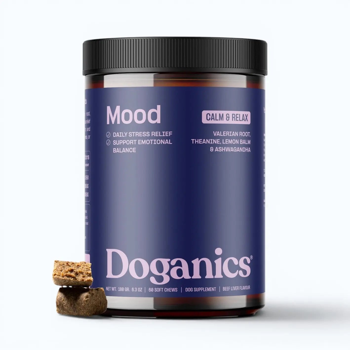 Doganics Mood Calm & Relax Supplement – jar shown with two stacked soft chews in front, product shot