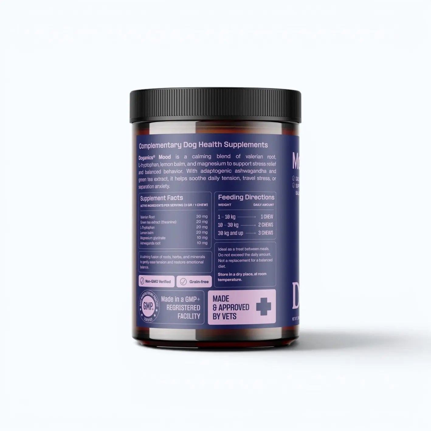 Doganics Mood Calm & Relax Supplement – back label showing supplement facts, feeding directions, and GMP+ certification, product shot
