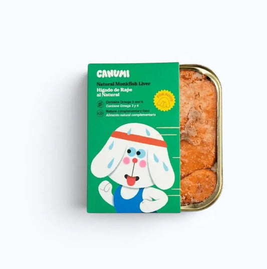 Canumi Natural Monkfish Liver Canned Dog Food – open can showing monkfish liver texture and colour