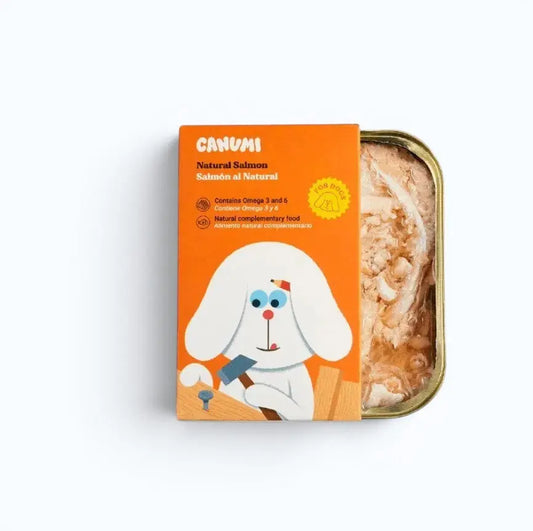Canumi Natural Salmon Canned Dog Food – open can showing natural salmon texture and colour