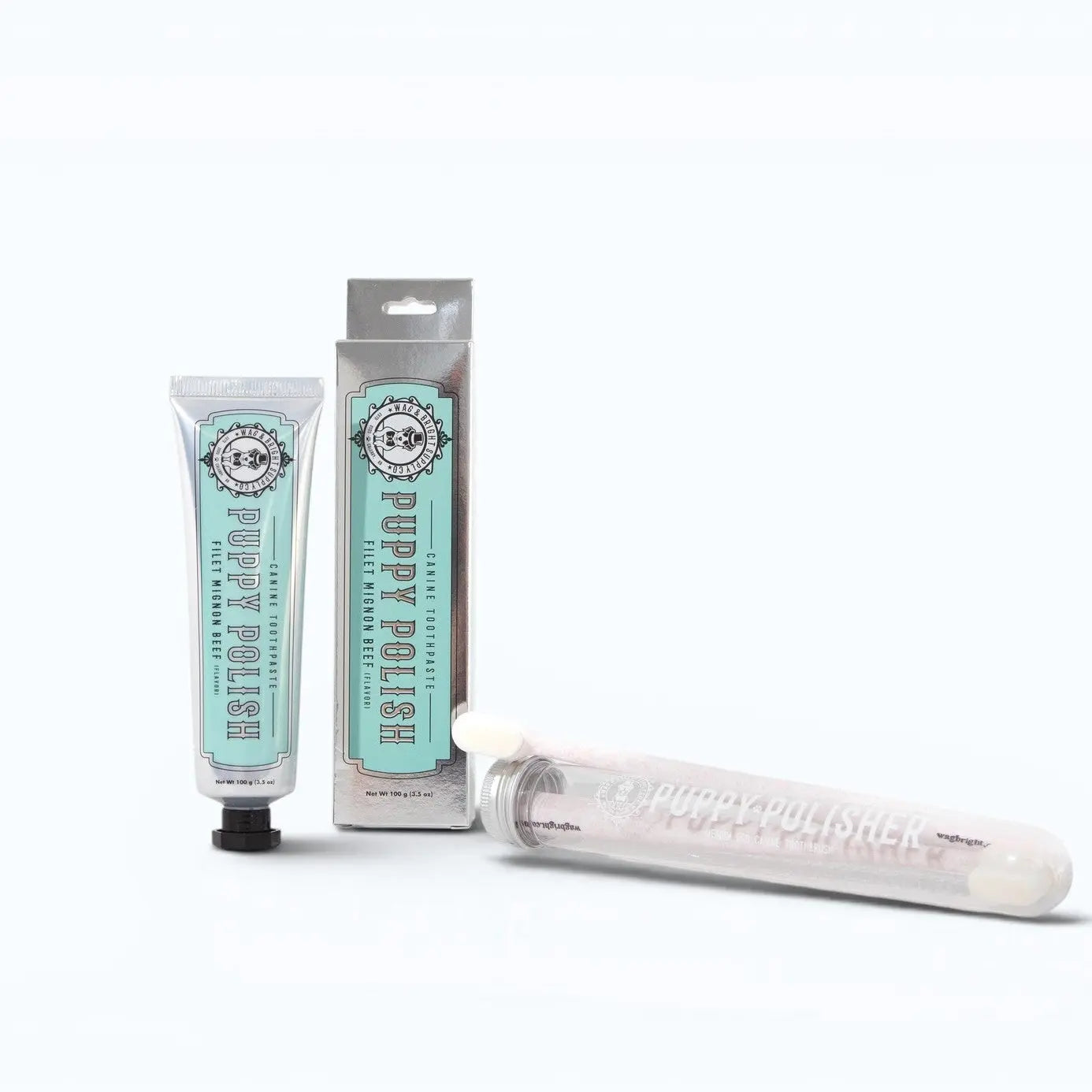 Wag & Bright Puppy Polish Dog Toothpaste Filet Mignon – toothpaste tube showing plaque and tartar removal formula for dogs