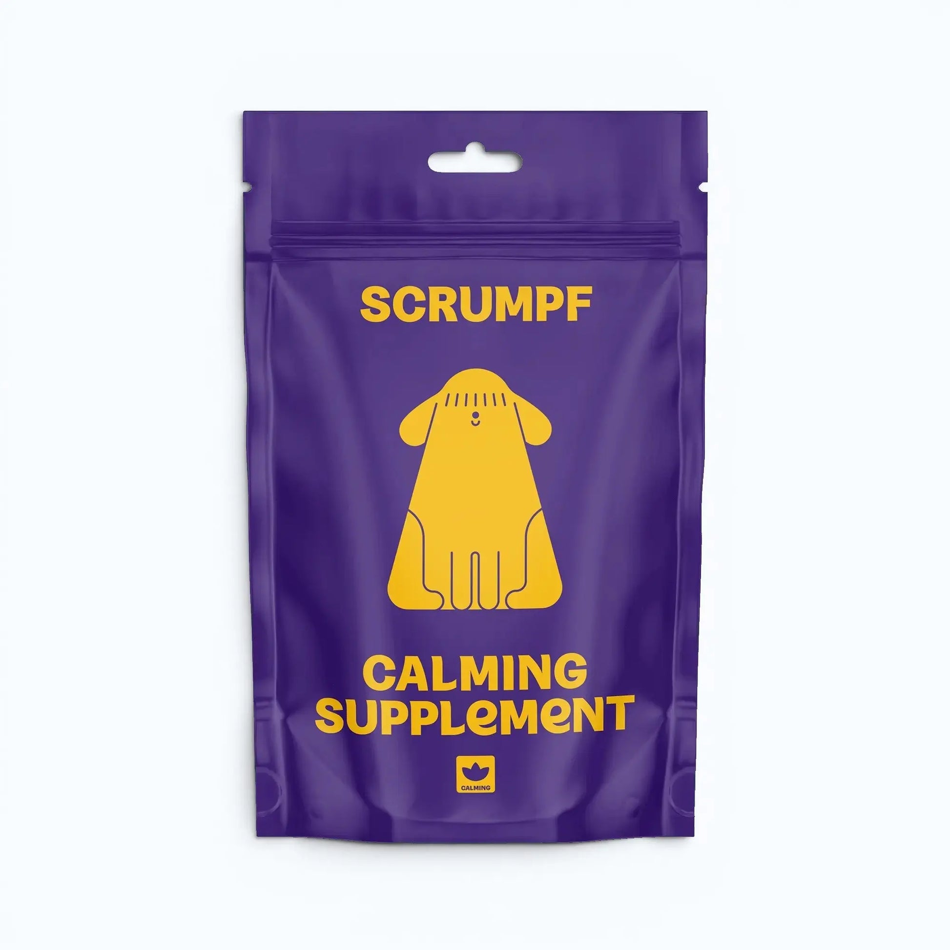 Purple packaging of SCRUMPF calming supplement with a yellow dog illustration on a white background