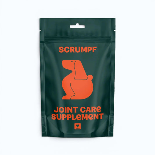 Green package of Scrumpf joint care supplement for dogs on a white background