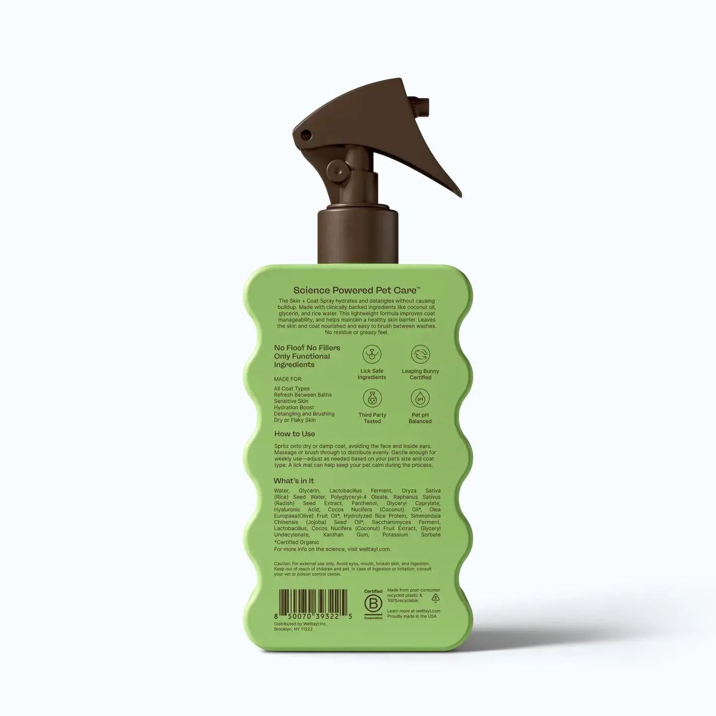 Welltayl Skin + Coat Spray – ingredient and usage label on bottle back, product shot