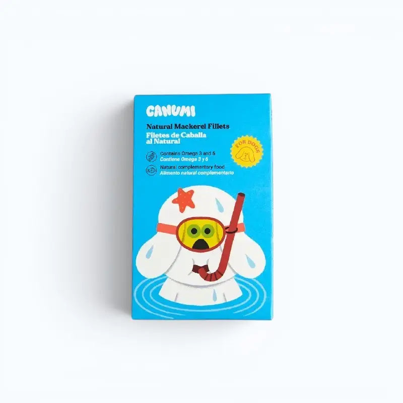 Canumi can with mackerel fillets and a cartoon character on the label against a white background