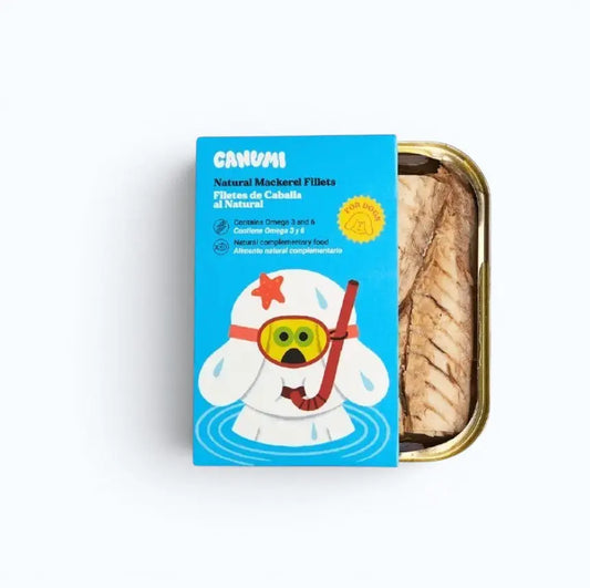 Open Canumi can with mackerel fillets and a cartoon character on the label against a white background