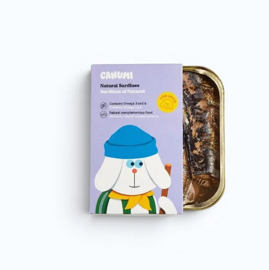 Canumi Wild Atlantic Coast Sardines Canned Dog Food – open can showing wild Atlantic sardines packed in water