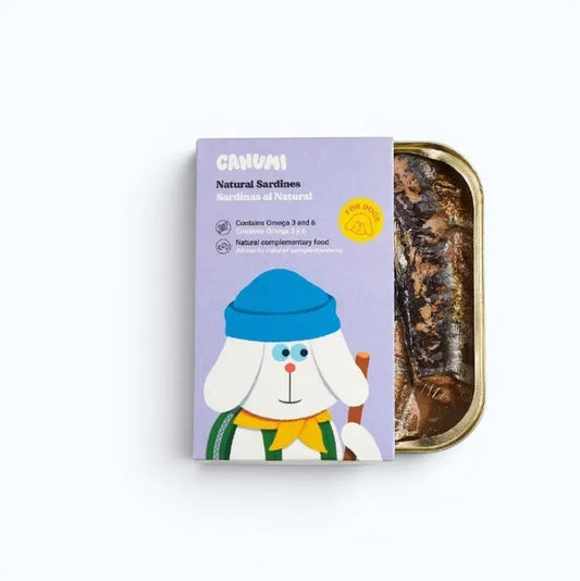 Canumi Wild Atlantic Coast Sardines Canned Dog Food – open can showing wild Atlantic sardines packed in water